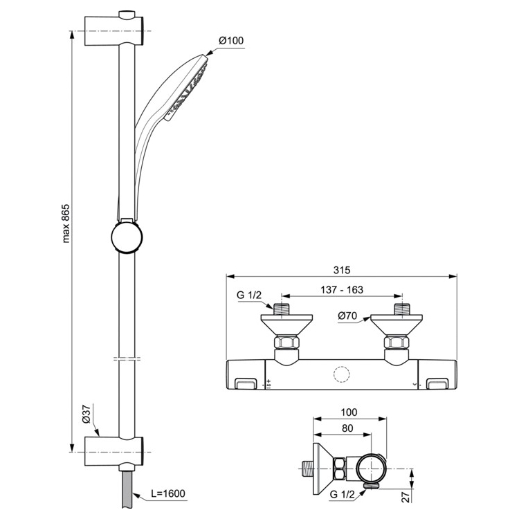 Душевая система Ideal Standard Ceratherm T25 термостатическая с душевым гарнитуром
