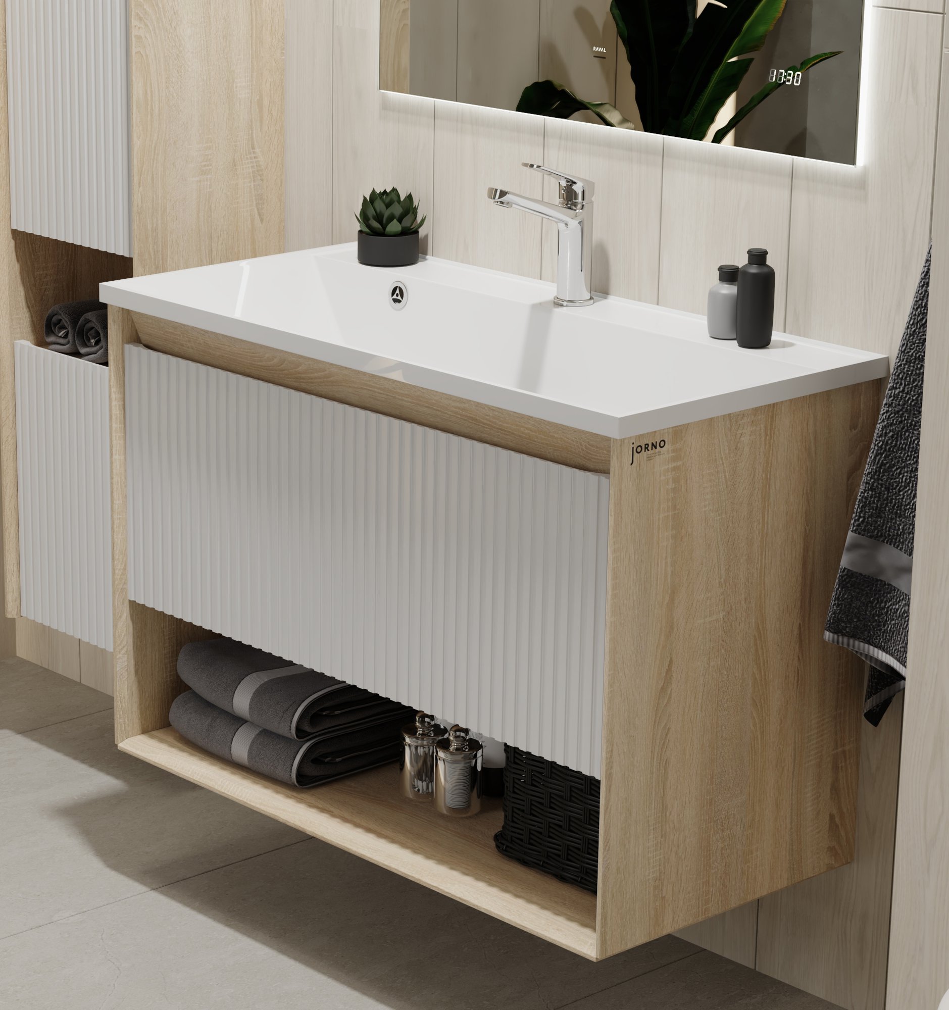 Тумба под умывальник Jorno Tossony 90 подвесная, cонома светлая/белый