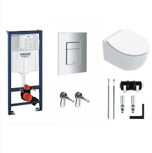 Инсталляция для унитаза Grohe Rapid SL с кнопкой Grohe Skate Cosmopolitan (хром) с подвесным унитазом Catalano Italy 0711520001, сиденьем и крышкой 0751100001 soft close и креплениями