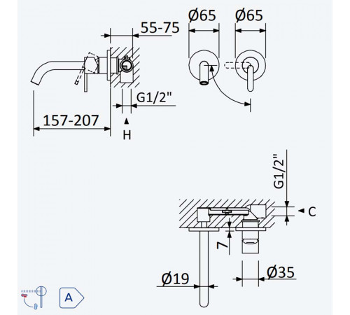 Смеситель для раковины на 2 отверстия, настенный. Длина излива 200 мм Bruma Leaf 167 011 9MG Gunmetal