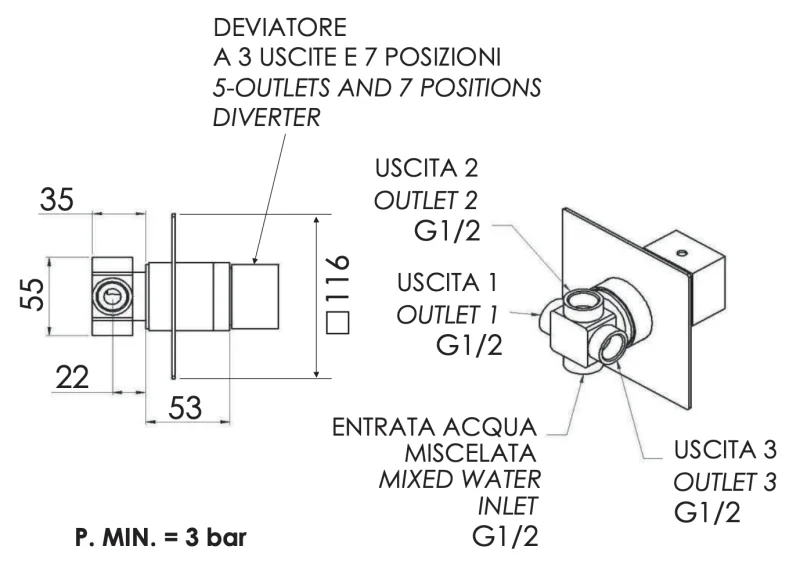 Дивертер на 3 выхода и 7 положений Remer Qubika Q93DEV7, хром