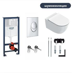 Инсталляция для унитаза Grohe Rapid SL с кнопкой Grohe Skate Air (хром) с шумоизоляцией с подвесным унитазом Catalano Sfera 0511550001, сиденьем и крышкой 0551200001 soft close и креплениями