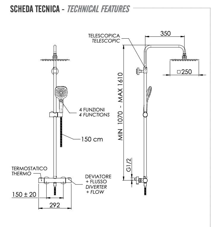 Душевая система термостатическая Remer EQ32A8CPUFD25G, хром