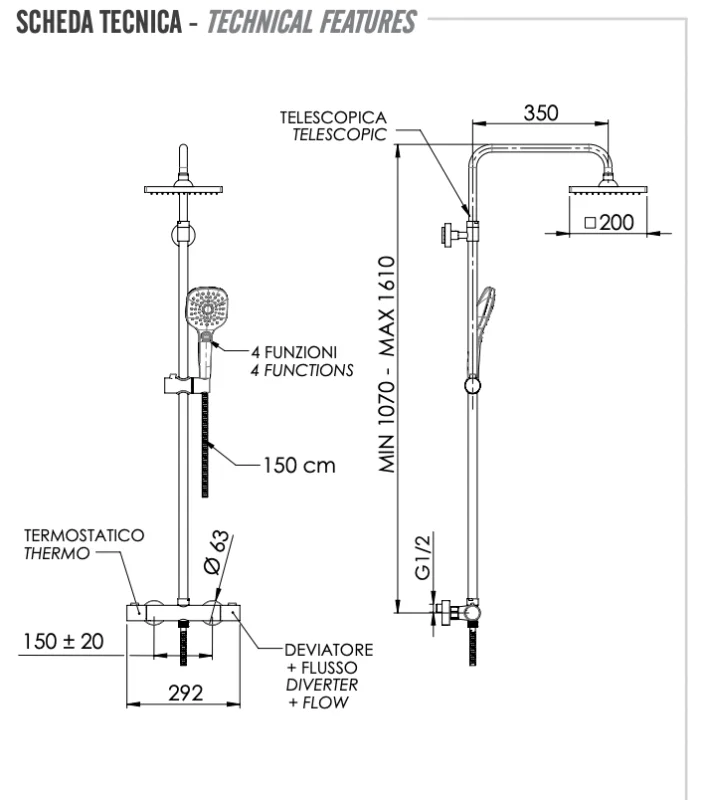 Душевая система термостатическая Remer EQ32A8CPSD20, хром