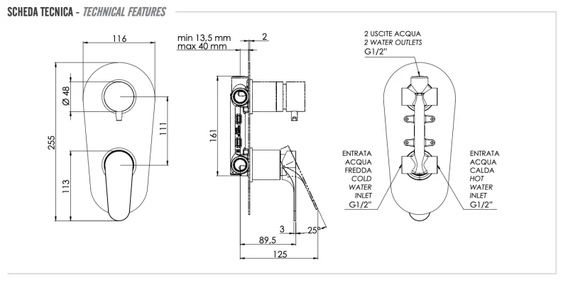 Смеситель для душа Remer Class Line L92, хром