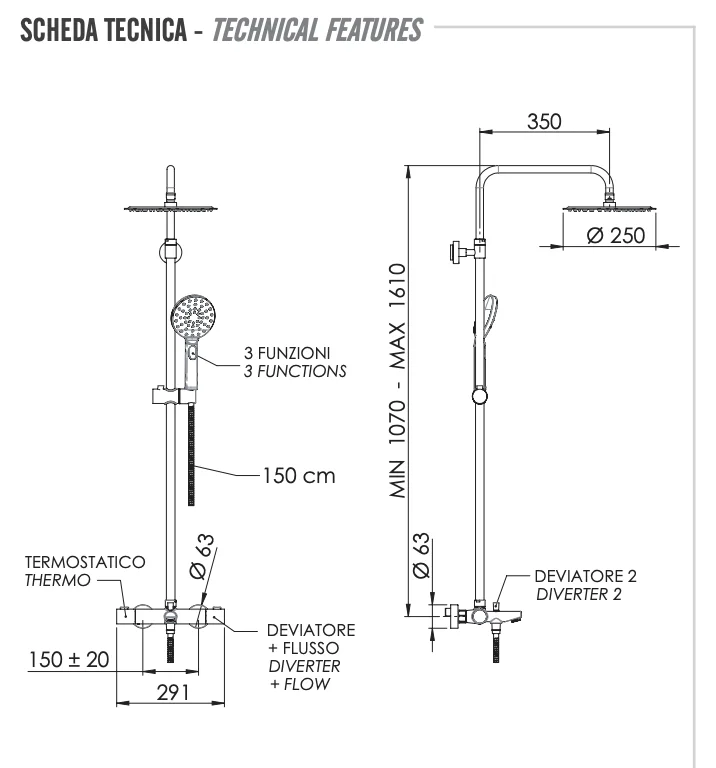 Душевая система термостатическая с изливом Remer EQ34A8MPUFM25NO, черный матовый