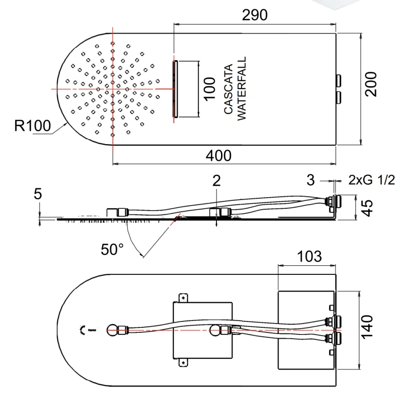 Верхний душ настенный 50x20 см Remer 350UFMCAX, хром