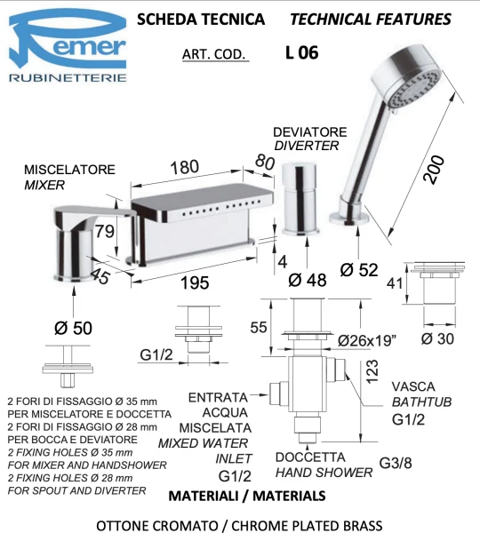Смеситель для ванны Remer Class Line L06, хром