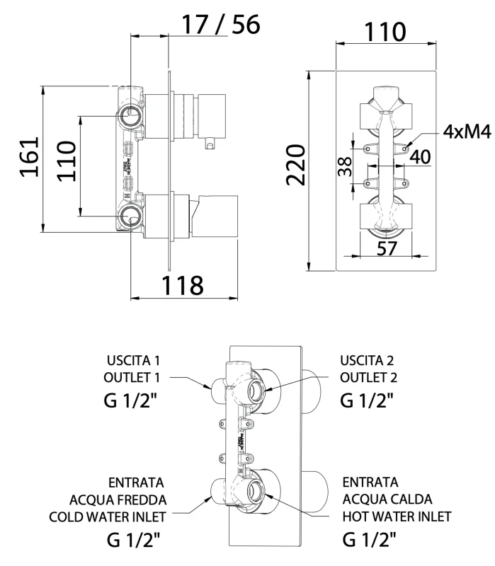 Смеситель для душа Remer Edge EG592BG, золото брашированное