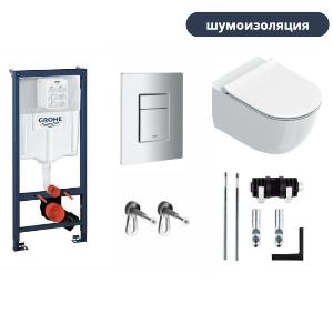 Инсталляция для унитаза Grohe Rapid SL с кнопкой Grohe Skate Cosmopolitan (хром) с шумоизоляцией с подвесным унитазом Catalano Sfera 0511550001, сиденьем и крышкой 0551200001 soft close и креплениями