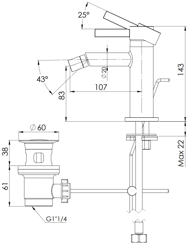 Смеситель для биде Remer Metrica MC20XV, сталь