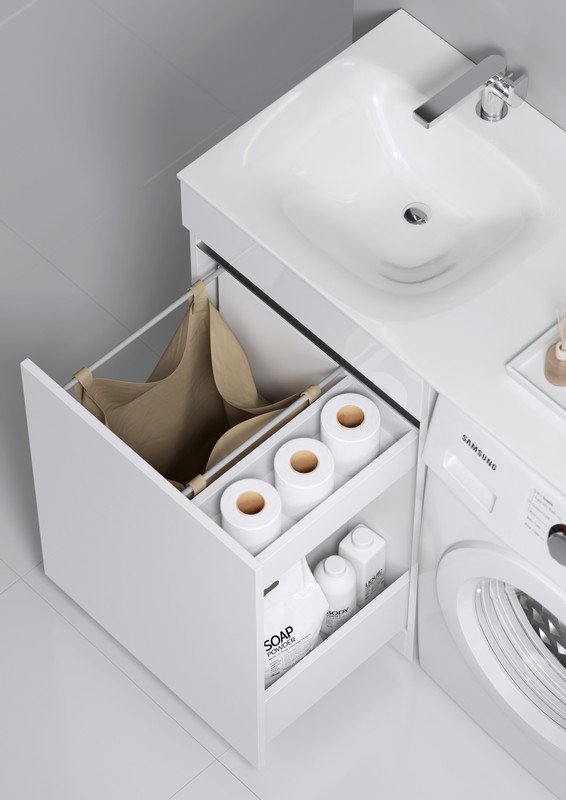 Тумба напольная Aqwella Forma 115 с умывальником в комплекте с корзиной для установки со стиральной машиной левая