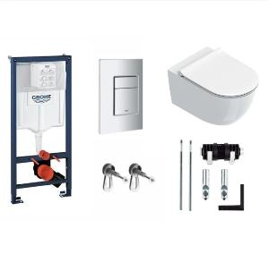 Инсталляция для унитаза Grohe Rapid SL с кнопкой Grohe Skate Cosmopolitan (хром) с подвесным унитазом Catalano Sfera 0511550001, сиденьем и крышкой 0551200001 soft close и креплениями
