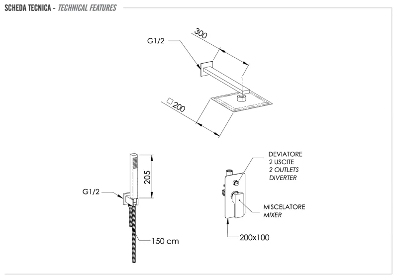 Комплект: Душевая система Remer Absolute AU09S02UFS20, хром