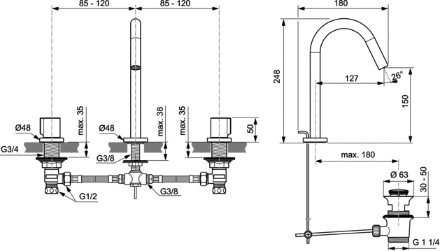 Смеситель для раковины Ideal Standard Atelier Joy на три отверстия BC783A2 с донным клапаном, шлифованное золото