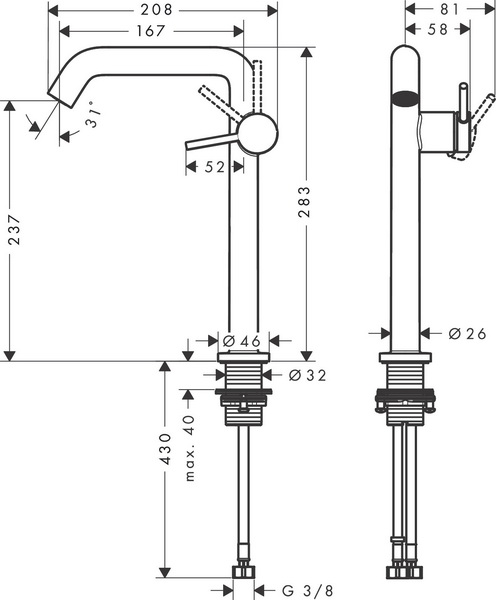 Смеситель для умывальника Hansgrohe Tecturis S 240, сливной гарнитур click-clack, хром, 73370000