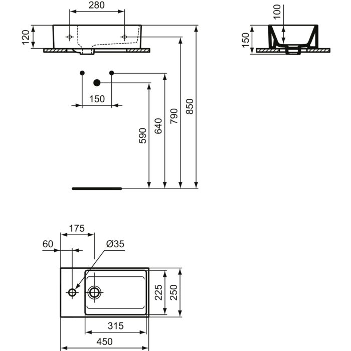 Умывальник  Ideal Standard Extra 45X25 см, 1 отверстие под смеситель слева T373301
