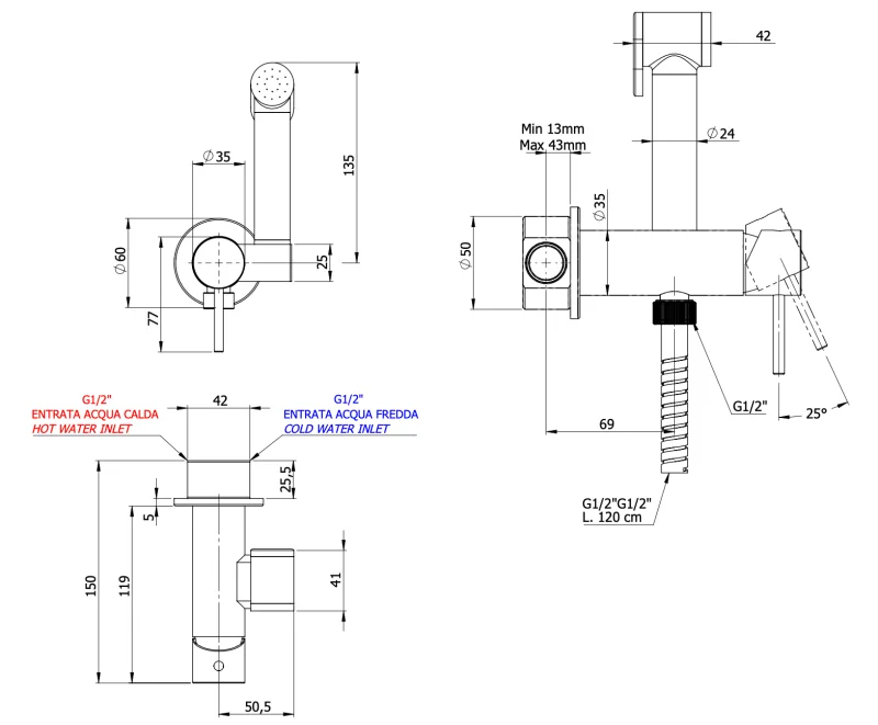 Гигиенический душ со смесителем Remer X Style X65C25W, хром