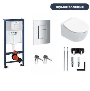 Инсталляция для унитаза Grohe Rapid SL с кнопкой Grohe Skate Cosmopolitan (хром) с шумоизоляцией с подвесным унитазом Catalano Italy 0711520001, сиденьем и крышкой 0751100001 soft close и креплениями
