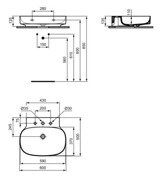 Раковина Ideal Standard Atelier Linda-X 60x50 см T498901 без перелива на три отверстия, шлифованный низ, белый глянцевый