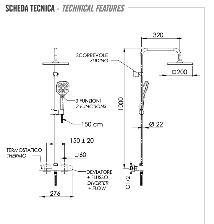 Душевая система термостатическая Remer Absolute ST32X8CPSD25, хром