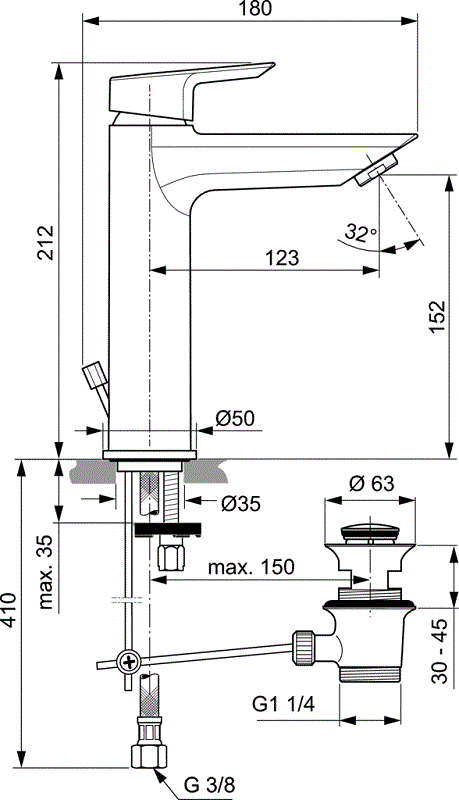 Смеситель для раковины Ideal Standard Tesi Grande A6563AA с донным клапаном