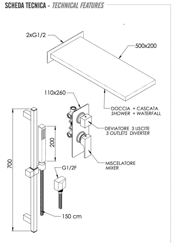 Комплект: Душевая система Remer Absolute AU93S01SSCA, хром