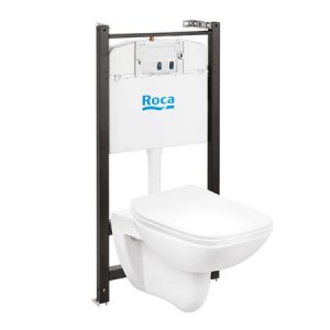 Комплект Roca Debba подвесная чаша Rimless + инсталляция + Slim сиденье дюропласт + панель смыва Roca Active 62B хром глянец