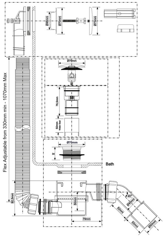 Сифон для ванны (слив-перелив) McAlpine HC2600CL, Click-clack, с прочисткой снаружи, хром