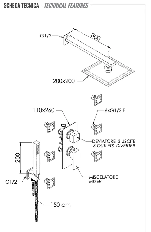 Комплект: Душевая система Remer Absolute AU93S02UFS20, хром