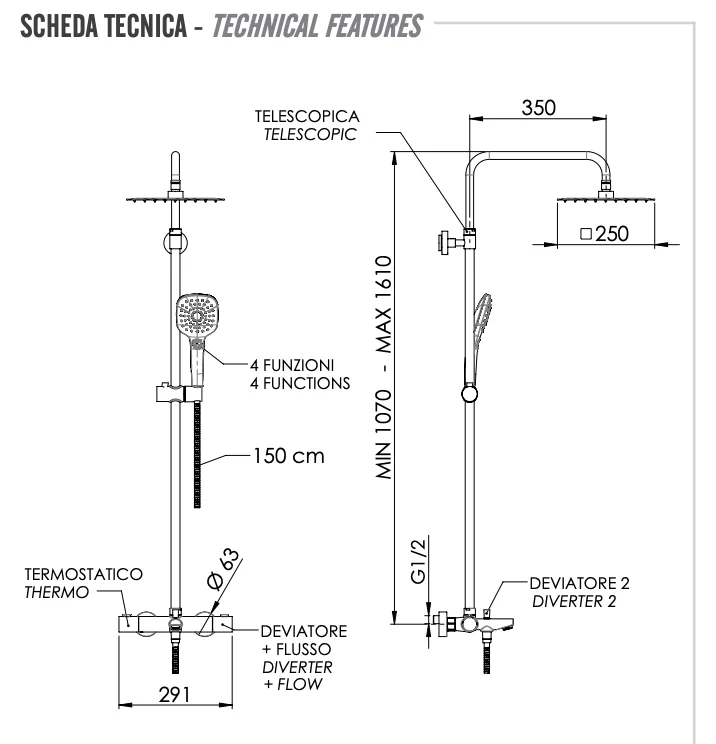 Душевая система термостатическая с изливом Remer EQ34A8CPUFS25G