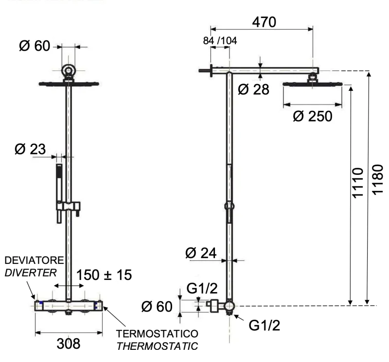 Душевая система термостатическая Remer X Style INOX SSXT37UFM25, нержавеющая сталь