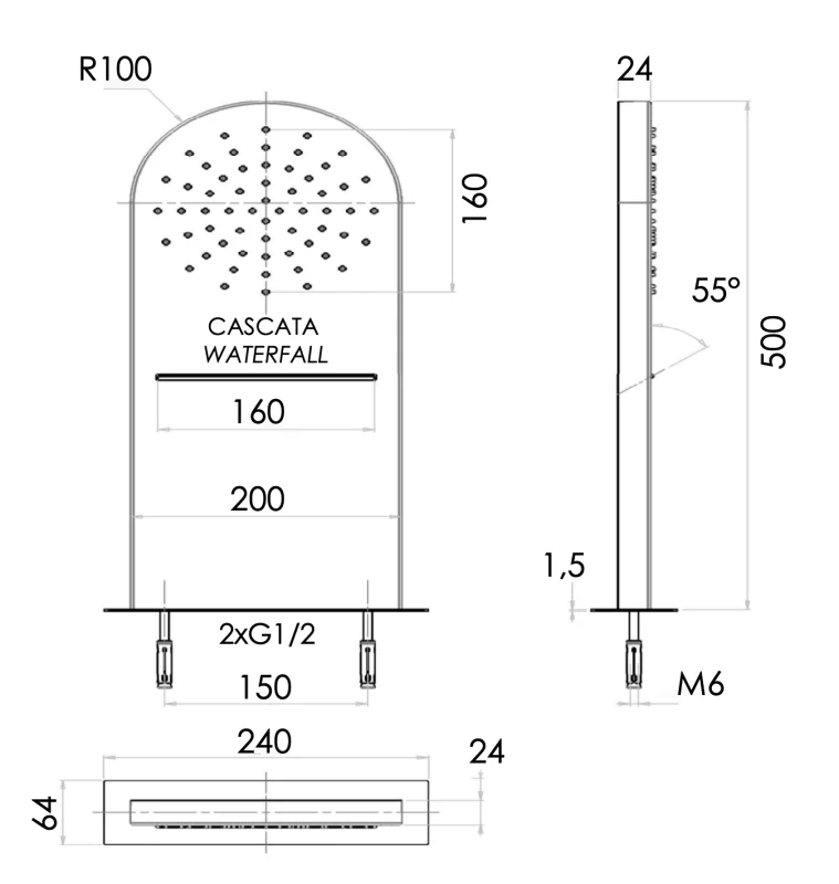 Верхний душ настенный 50x20 см Remer INOX SS350MMCAX, хром
