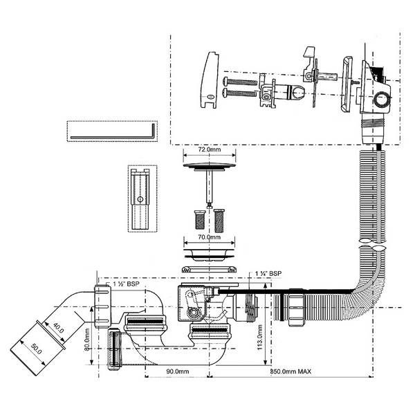 Сифон с наполнением для ванны McAlpine HCN3100CB-15MM, полуавтомат (макс.650мм длина до перелива), хром