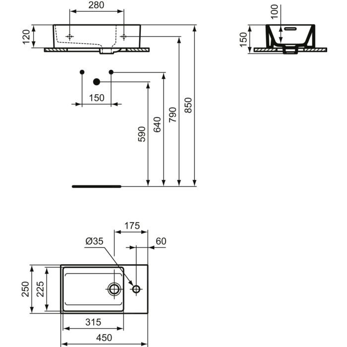 Умывальник  Ideal Standard Extra 45X25 см, 1 отверстие под смеситель справа T373401