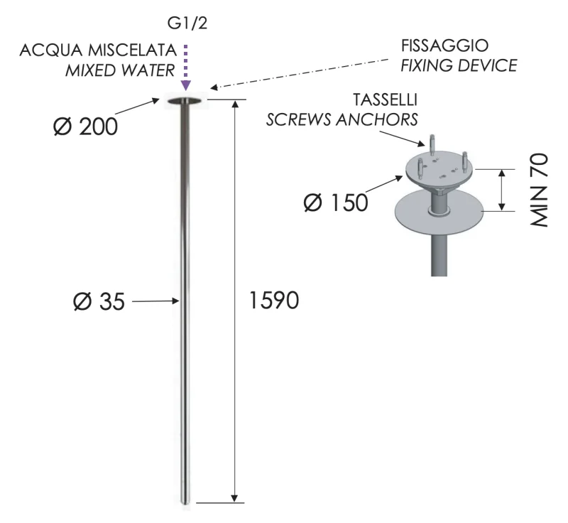 Излив потолочный 166 см Remer 91VN2, хром