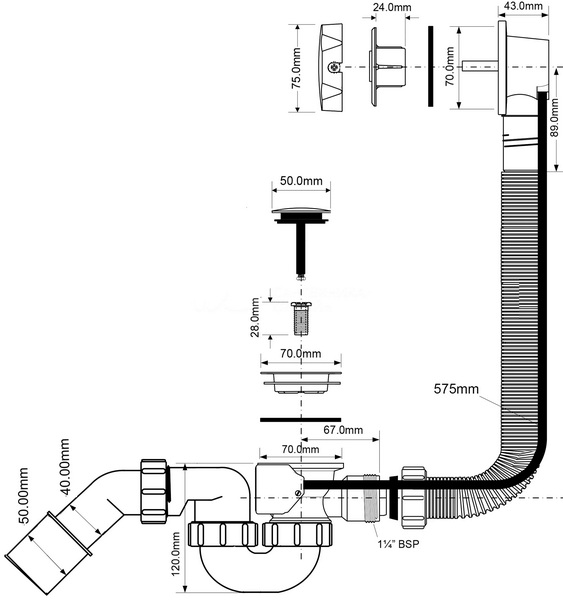 Сифон для ванны (слив-перелив) McAlpine MRB2W-PB, полуавтомат (575мм), белый