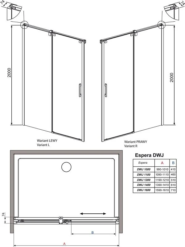 Душевая дверь Radaway Espera KDJ, DWJ 595 L, 59.5 х 200 см, стекло прозрачное, профиль хром, левая, 380595-01L