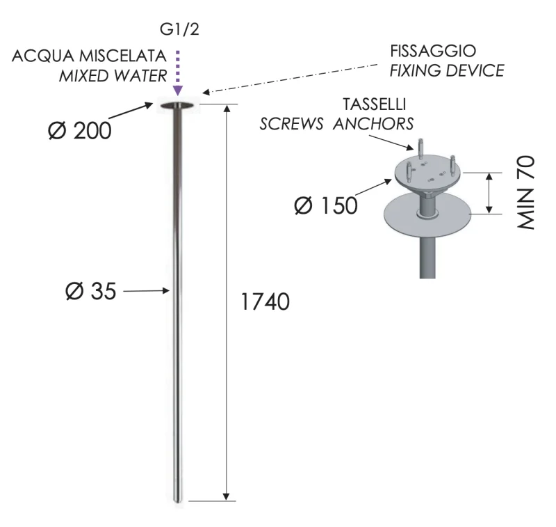 Излив потолочный 181 см Remer 91VLN2, хром