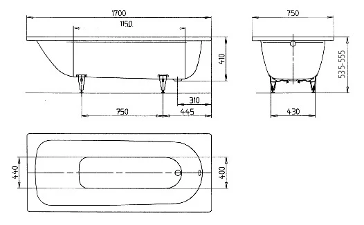 Стальная ванна Kaldewei Advantage Saniform Plus 373-1 (170x75) с самоочищением, арт.112600013001