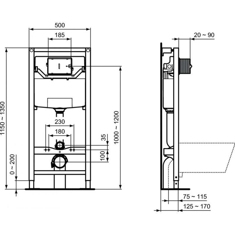Инсталляция с унитазом Ideal Standard i.life B с технологией RimLS+, тонкое сиденье Soft-close