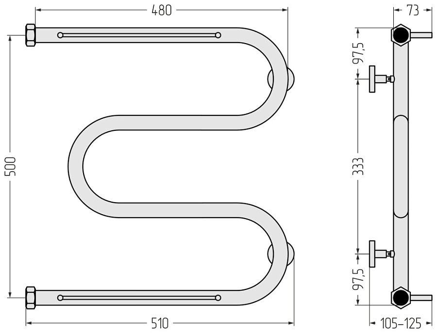 Водяной полотенцесушитель Сунержа М-образный 2 полки 500х500, Без покрытия, арт.00-0008-5050