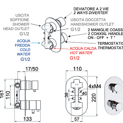 Смеситель термостатический для душа Remer Elegance NT92, хром