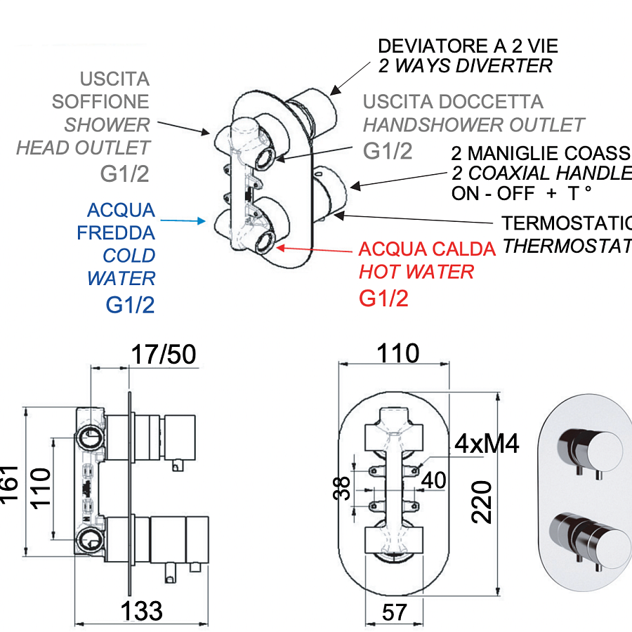 Смеситель термостатический для душа Remer Elegance NT92, хром
