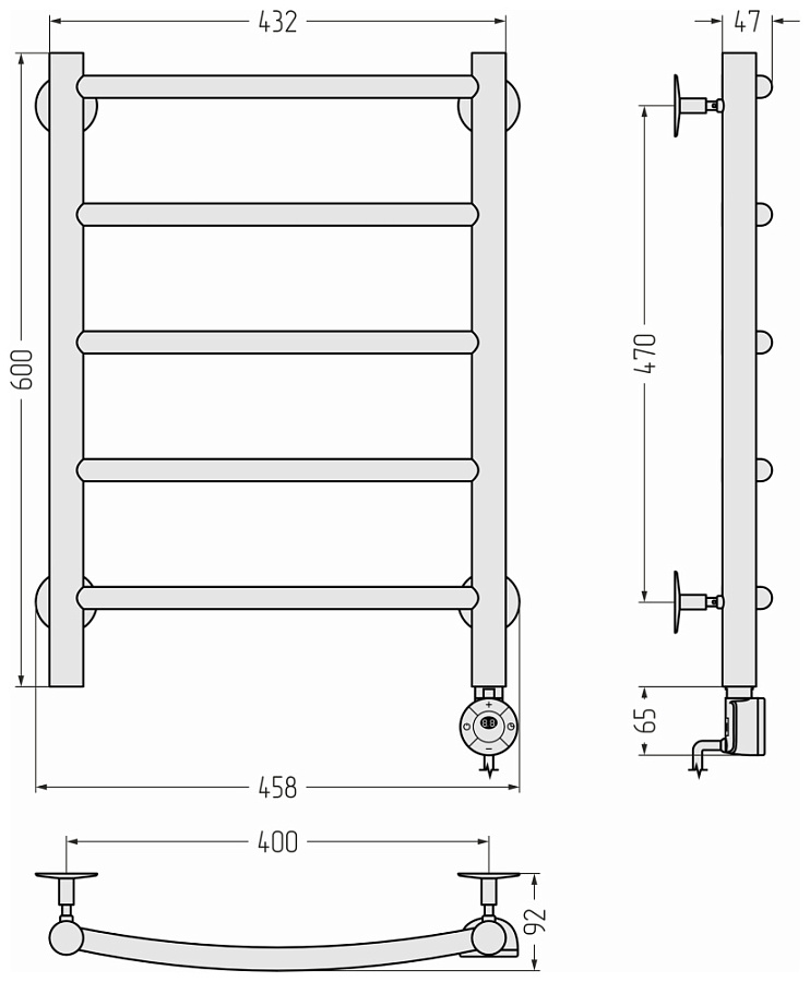 Электрический полотенцесушитель Стилье Формат 12 600х400 правый, Без покрытия, арт.00512-6040
