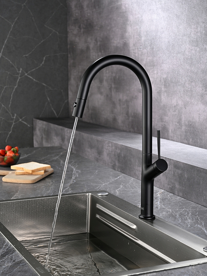 AQM9905MB Cucina Смеситель для кухни с выдвижным U-образным изливом, с подключением к фильтру с питьевой водой, черный матовый