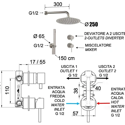 Душевая система Remer X Style INOX SSX92PS02UFM25, нерж. сталь