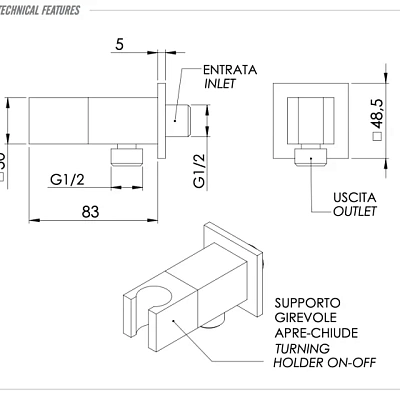 Держатель ручного душа с подключением шланга и запорным вентелем Remer 338Q, хром