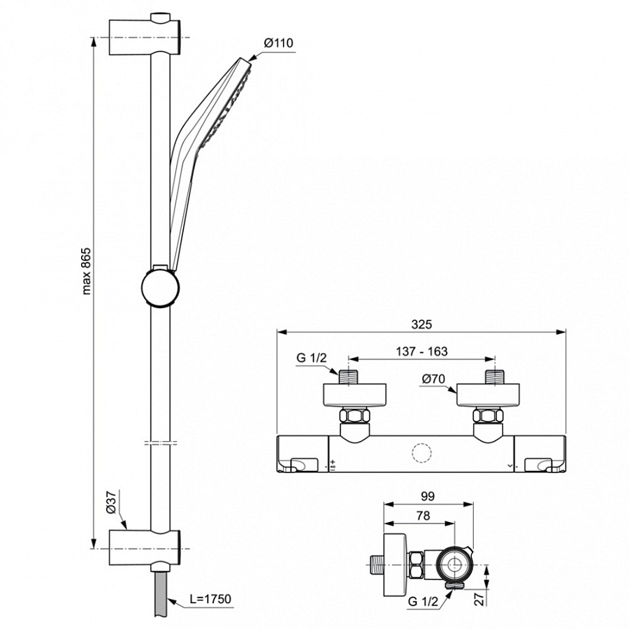 Душевая система Ideal Standard Ceratherm T50 A7218AA термостатическая с душевым гарнитуром