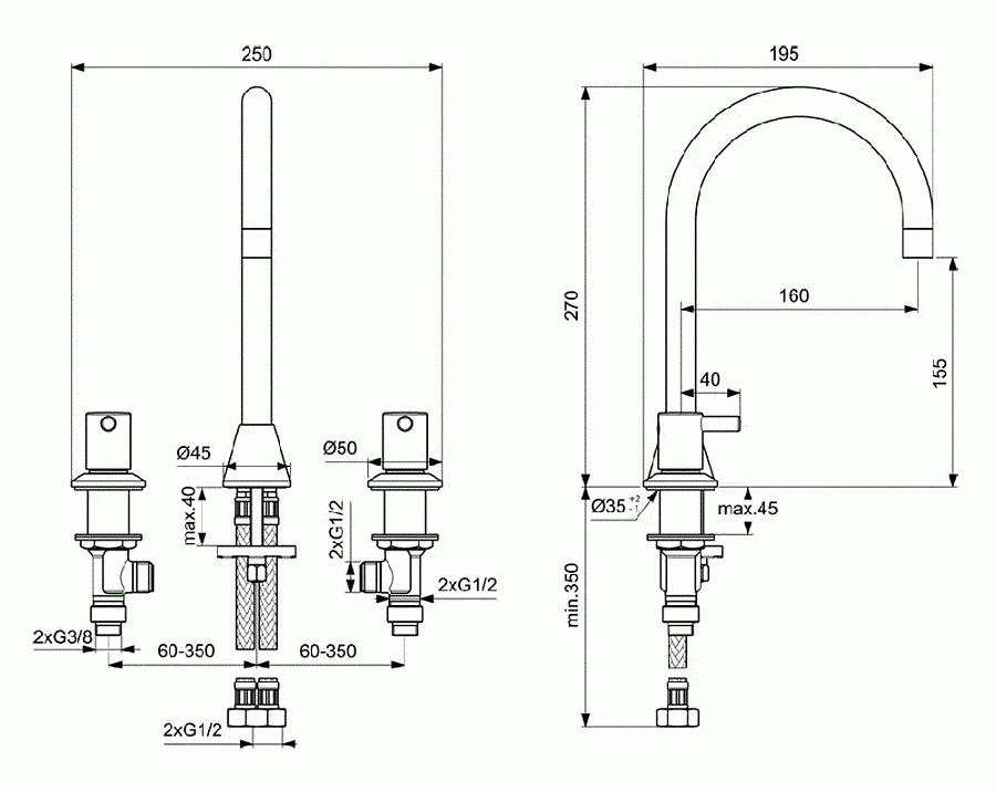 Смеситель Ideal Standard Ceraline для раковины, на 3 отверстия, хром, BC196AA
